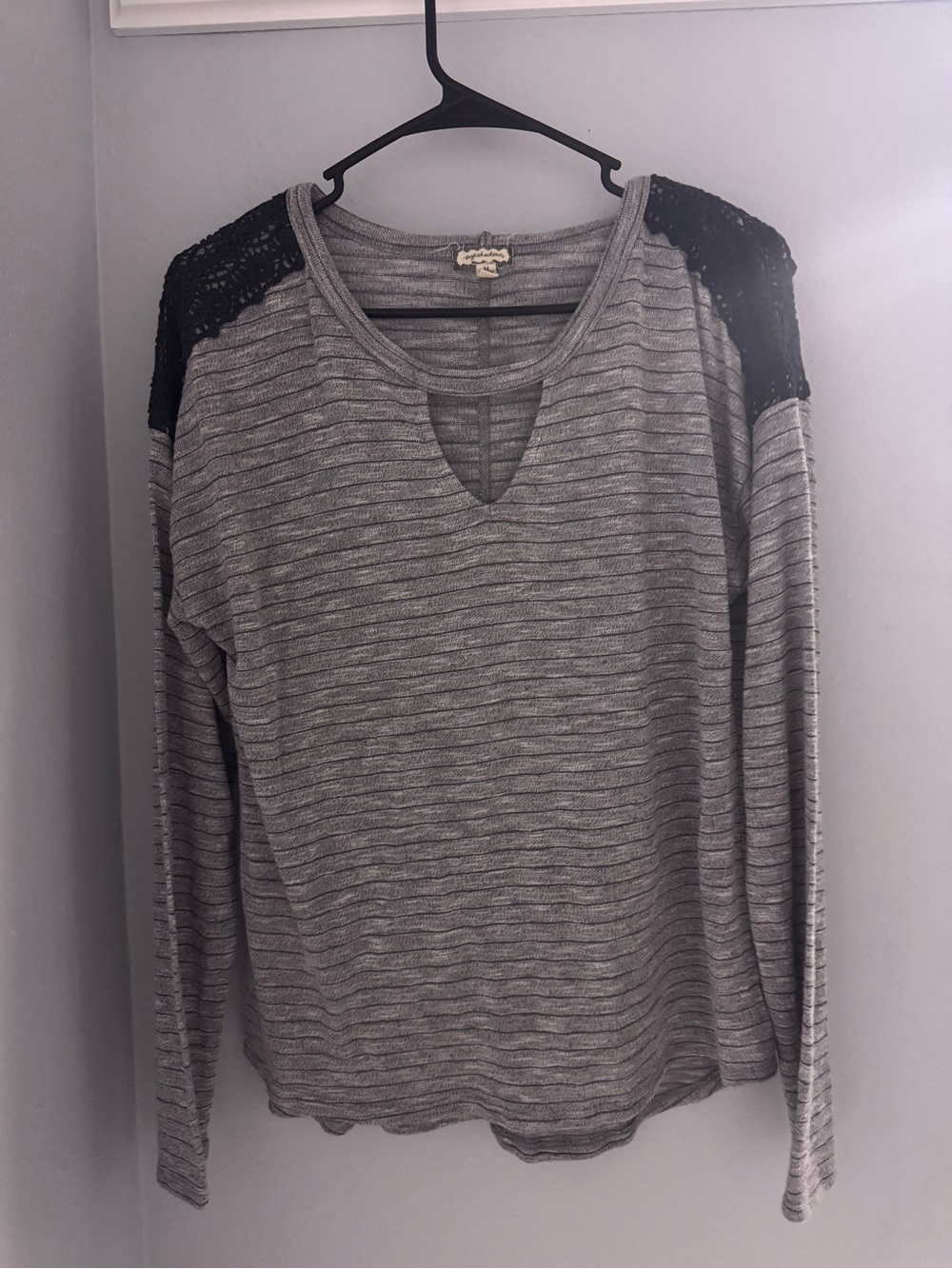 Women’s Grey Stripe Knit Top with Black Lace Shoulder Detail